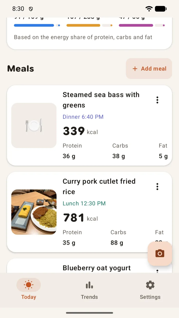 Meal list with calories and macros for each meal