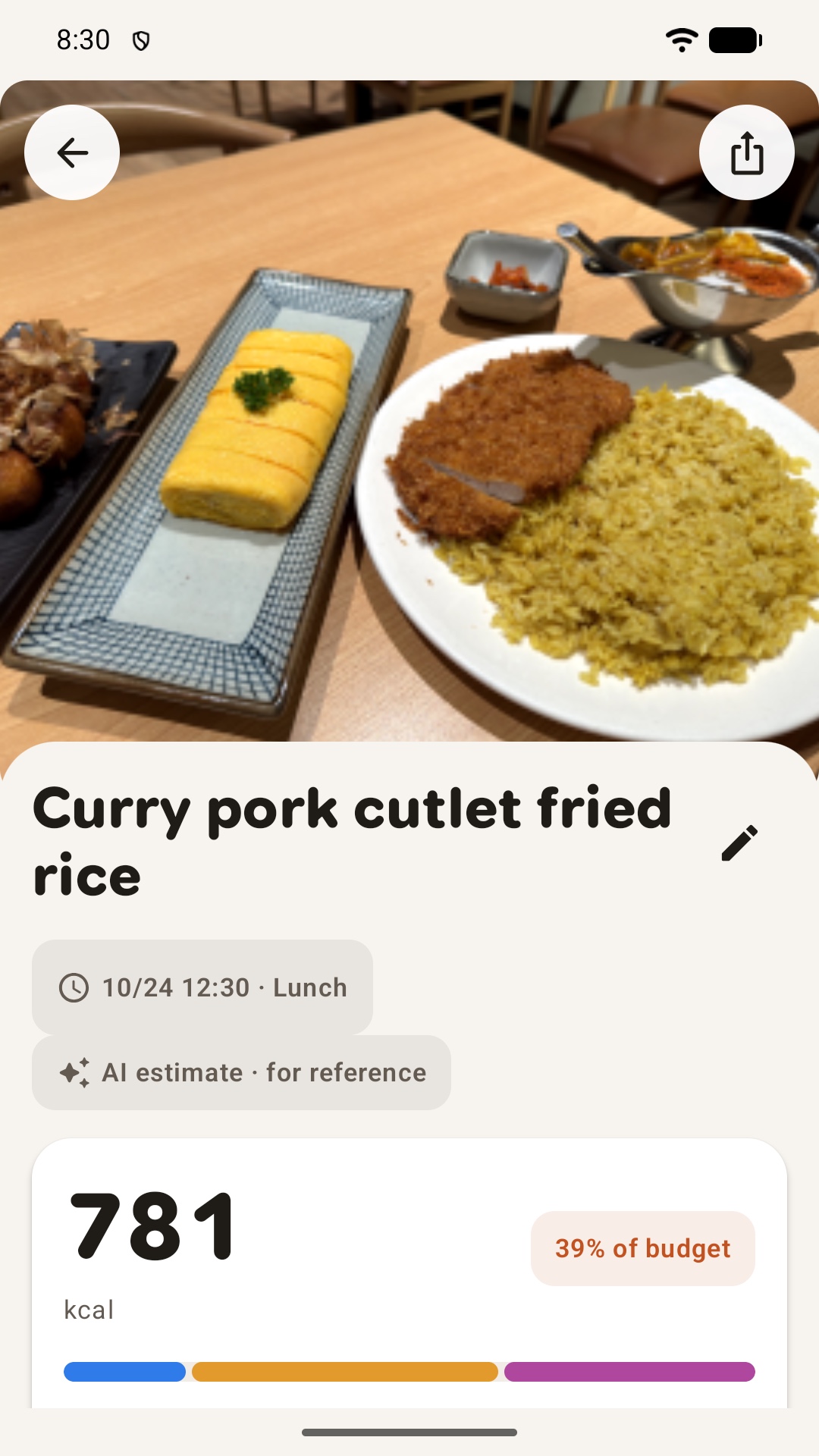 BetterCal meal detail: curry pork cutlet fried rice, 781 kcal with macros