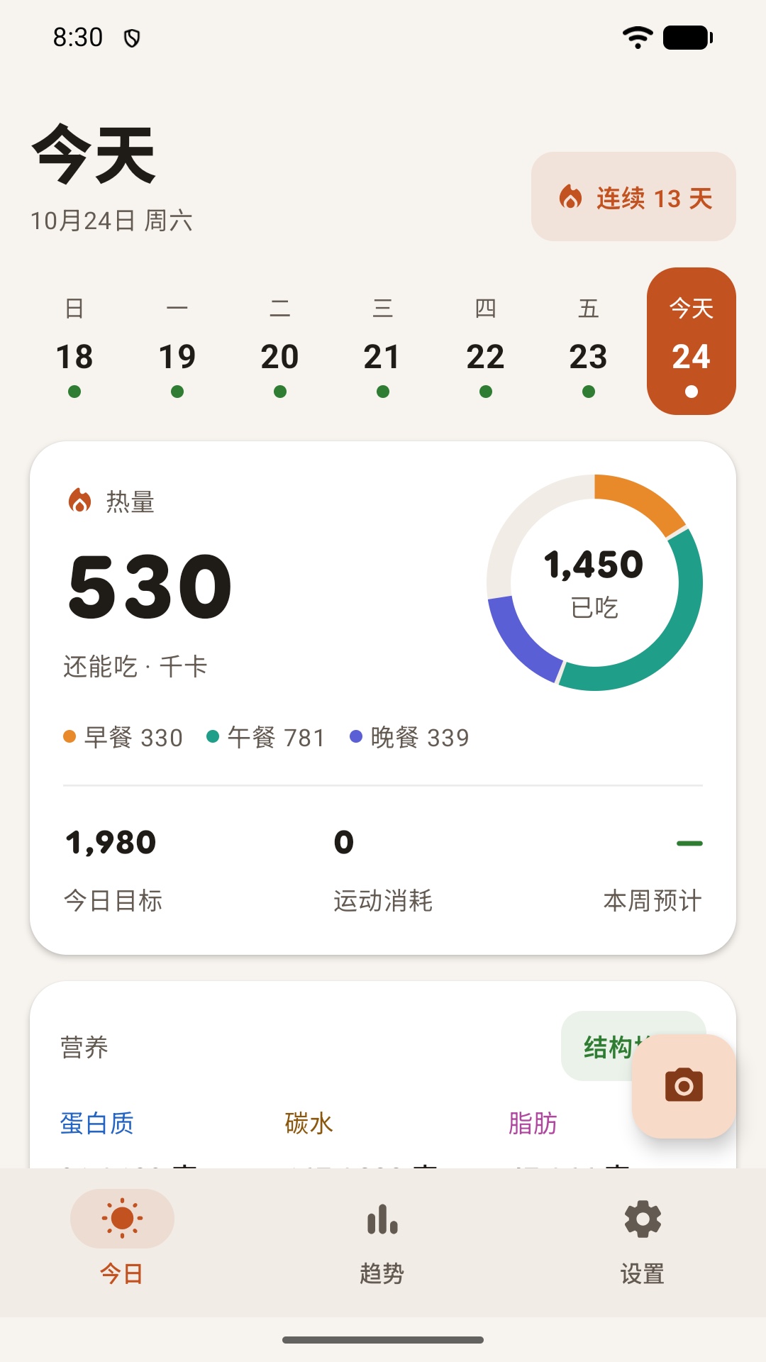 今日热量与三餐