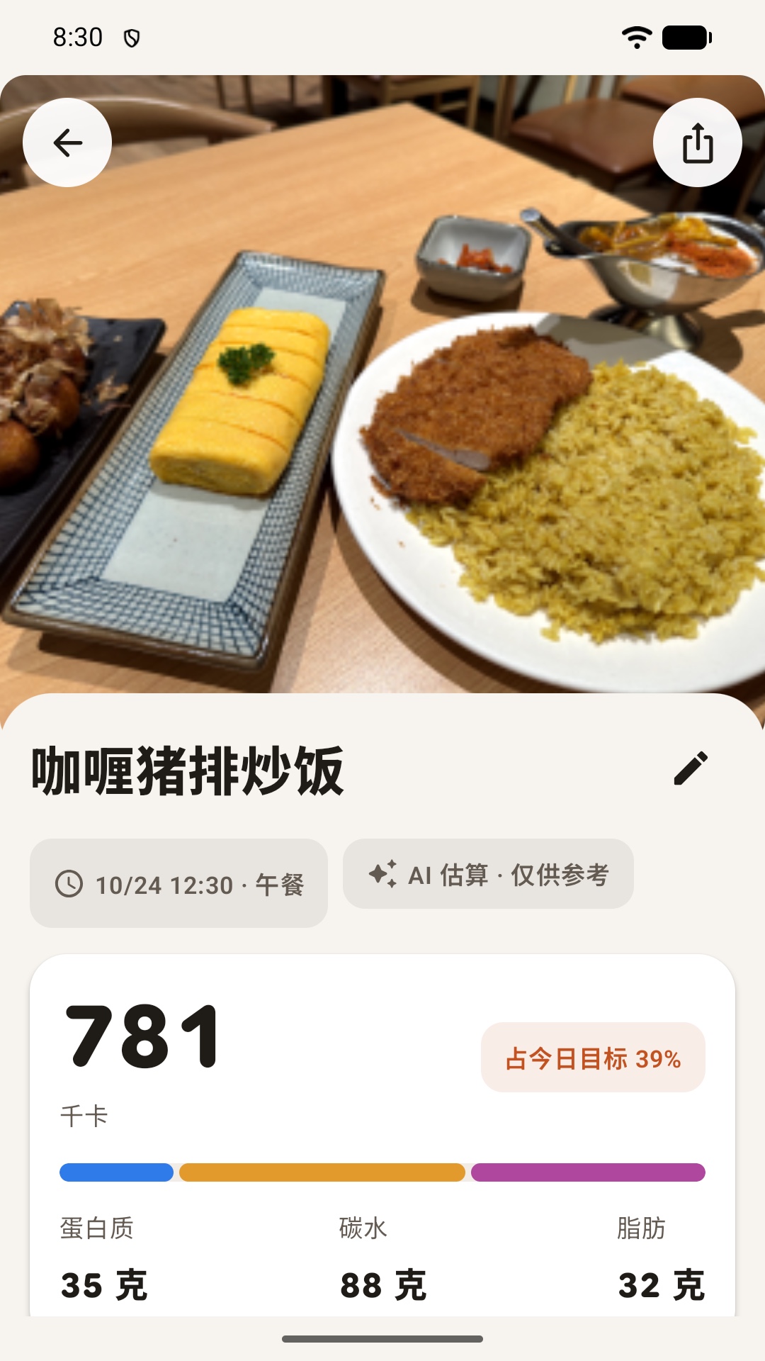 优卡记餐食详情：咖喱猪排炒饭 781 千卡及三大营养素